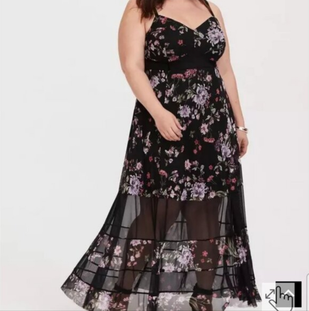 3x Plus Size Torrid Black Floral Maxi Dress Mesh Panels Womens Long Length